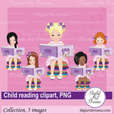 Child reading book clipart