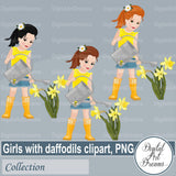 Little girls watering daffodils flowers clipart PNG images