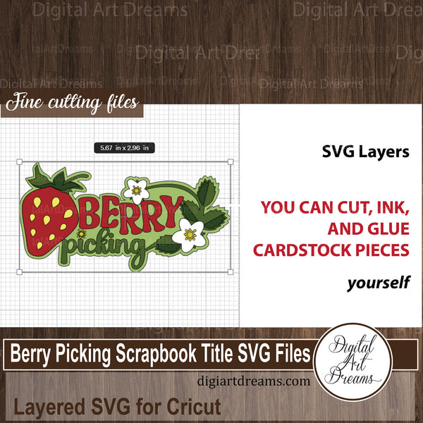 Berry picking scrapbook title SVG files to cut strawberry embellishment for summer scrapbooking layouts
