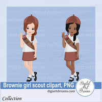 Two Brownie girl scouts in uniform with sashes clipart images PNG for instant download