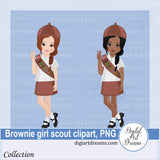 Two Brownie girl scouts in uniform with sashes clipart images PNG for instant download