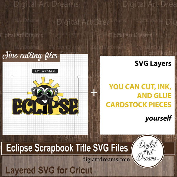 Eclipse scrapbook title SVG files to download and cut with solar eclipse character wearing sunglasses