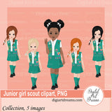 Junior girl scout clipart with five different girls with blonde, red, brown, and black hair