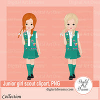 Junior Girl Scouts in green uniforms digital artwork for instant download
