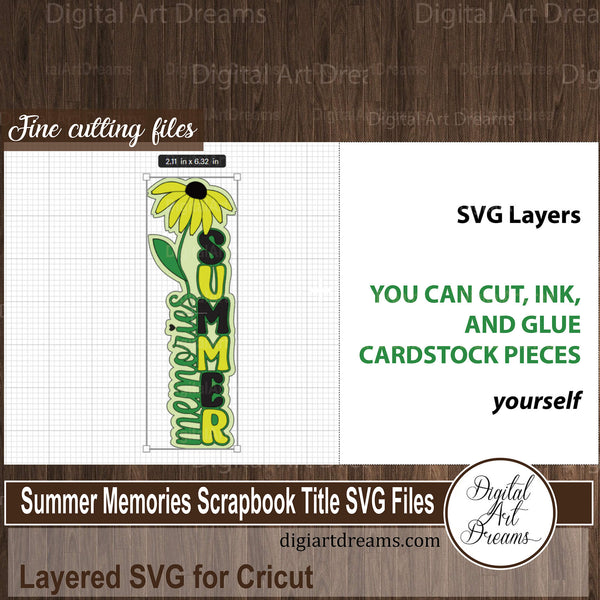 Summer Memories scrapbook title SVG files (layered) with Black-eyed Susan or Daisy flowers to cut with Cricut and colorful cardstock