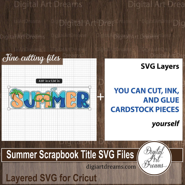 Summer scrapbook title SVG files to cut with Cricut, scuba diving theme with a palm tree