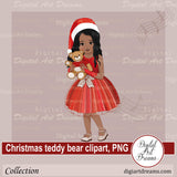 African American girl with Christmas teddy bear png