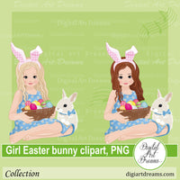 Cute Easter images little girl with bunny and basket eggs