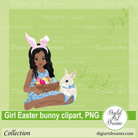 African American girl Easter clipart with bunny and basket eggs png images