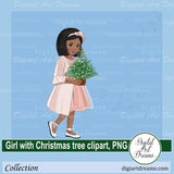 Black girl with Christmas tree clipart