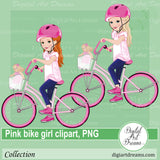 Girl on a pink bike clipart with doll and helmet