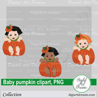 Baby girl in a pumpkin clipart for Halloween png