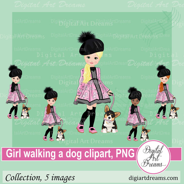 Girl walking a dog clipart