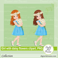 Little girl with a bouquet of daisy flowers clipart png