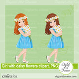 Little girl with a bouquet of daisy flowers clipart png