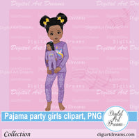African American girl and doll in matching pajamas clipart