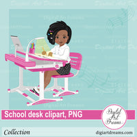 African American girl sits at pink school desk clipart
